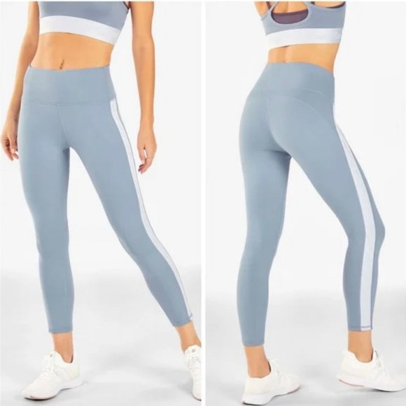 Fabletics Pants - FABLETICS powerhold define high rise blue 7/8 leggings white side stripe logo